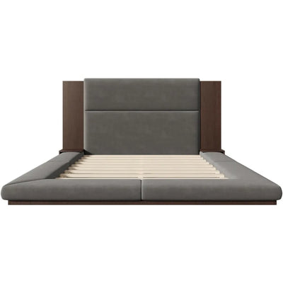 queen velvet upholstered bed frame with built-in side storage and extended wooden headboard