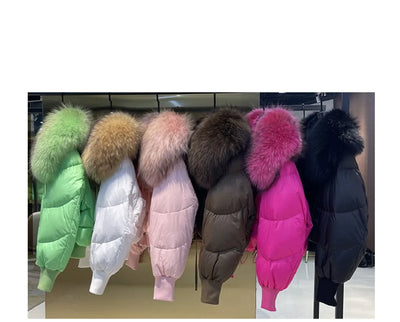 Fashionable Women's Winter Down Jacket Cropped Fox Fur Collar High End 90% White Duck Feather Coat Thick Long Sleeves