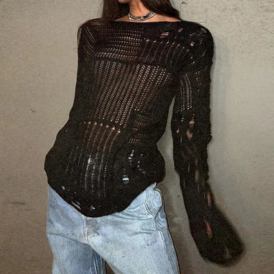 Women's Vintage Gothic Hollow Knit Sweater with Ripped Holes Grunge Y2K Style Thin Long Sleeve Loose Fit Summer Top in Black