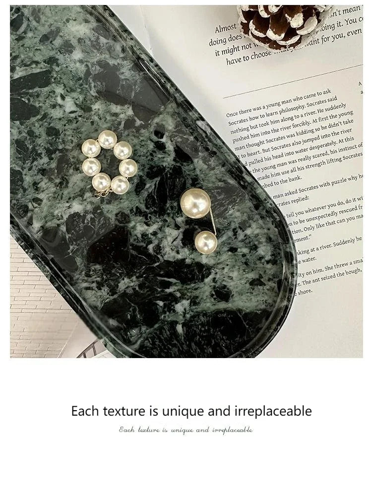 Luxury Green Marble Oval Tray: Bathroom Organizer & Fruit Serving Platter, Waterproof Stone Decor for Hotel Spa Home Kitchen