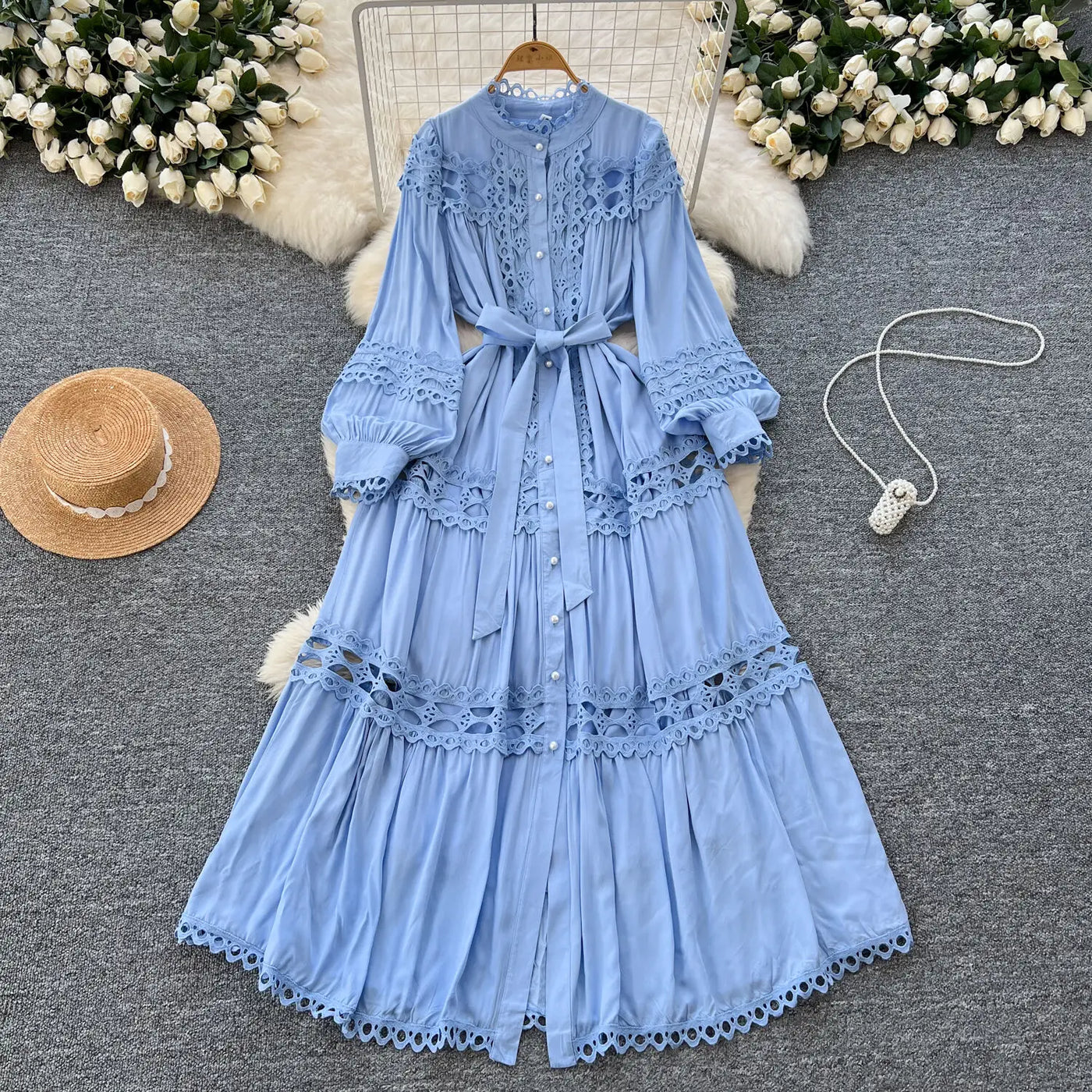 Elegant Long Maxi Hollow Out Dress Shirt Women Summer Autumn Palace Retro Pearl Button Embroidery Crochet Evening Party Vestidos