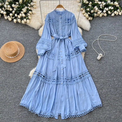 Elegant Long Maxi Hollow Out Dress Shirt Women Summer Autumn Palace Retro Pearl Button Embroidery Crochet Evening Party Vestidos