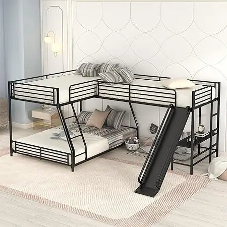 SOFTSEA Twin Over Full Bunk Bed with Twin Loft Bed, Heavy Duty L-Shaped Triple Metal Bunk Bed Frame with Desk and Slide for 3 Pe