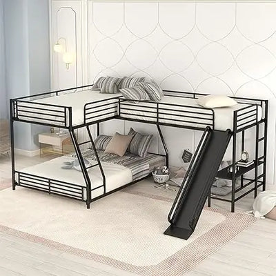 SOFTSEA Twin Over Full Bunk Bed with Twin Loft Bed, Heavy Duty L-Shaped Triple Metal Bunk Bed Frame with Desk and Slide for 3 Pe