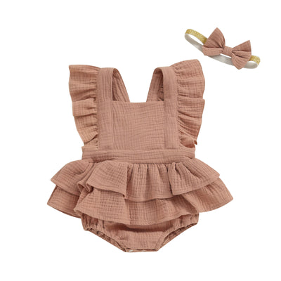 Citgeett Summer Infant Baby Girls Bodysuit Dress Solid Color Fly Sleeve Skirt Hem Jumpsuit Clothes Headband