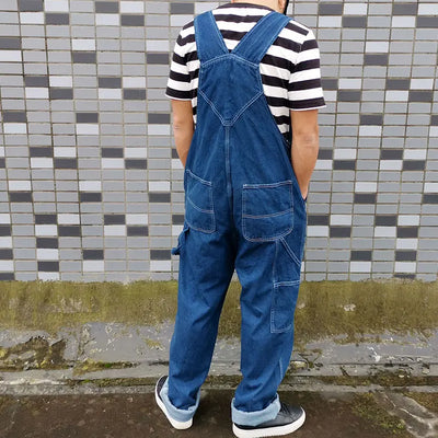 Men's Overalls Jumpsuit Large Size Strap Straight Blue Jeans With 7 Pockets