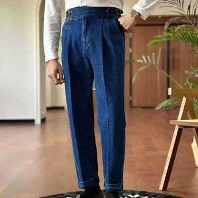 High Quality Double Pleated Jeans Straight Leg Pant Naples Straight Tube Loose Washed High Grade Business Pant Men Dress Trouser