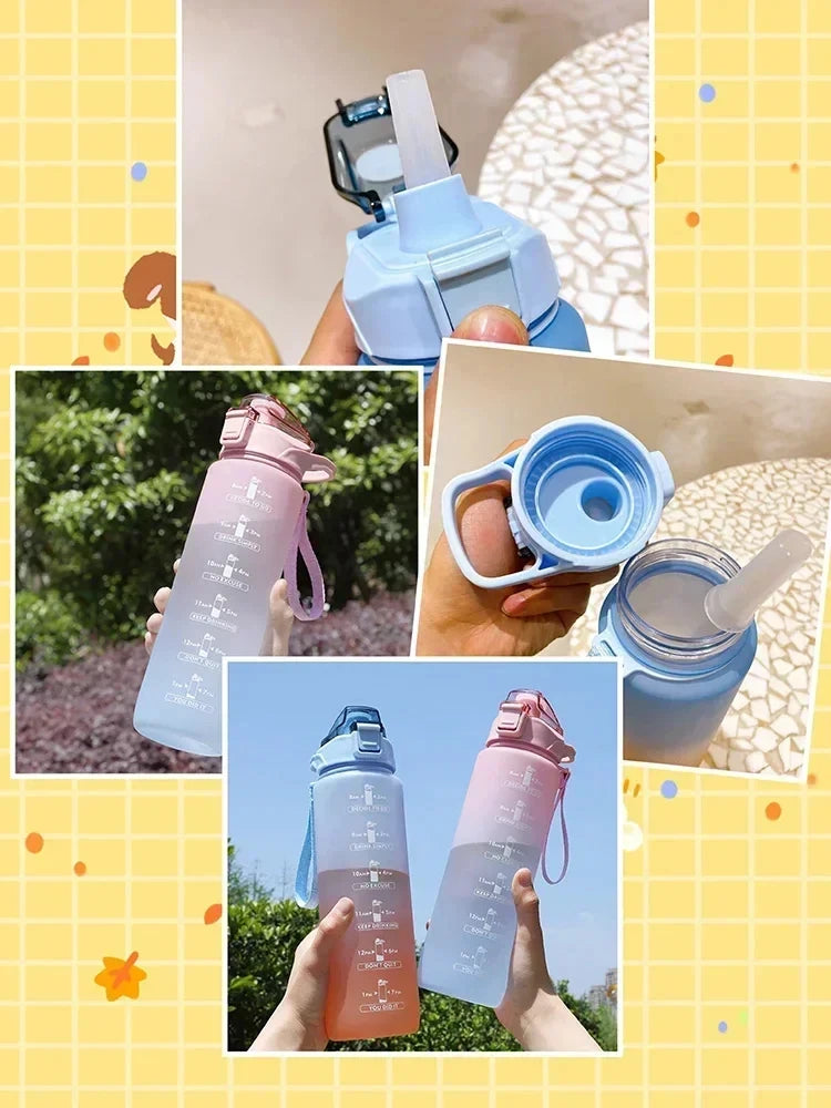 900ml Sports water Bottle High Temperature Resistant Graduated Straw Cup Rainbow Frosted Progressive Color Water Cup Plastic Cup