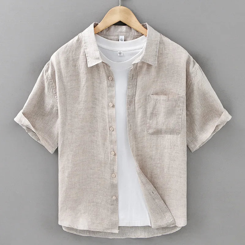 2025 Summer New Breathable Thin 100% Linen Short Sleeve Shirt for Men Casual Turn-down Collar Classic Shirt DC927