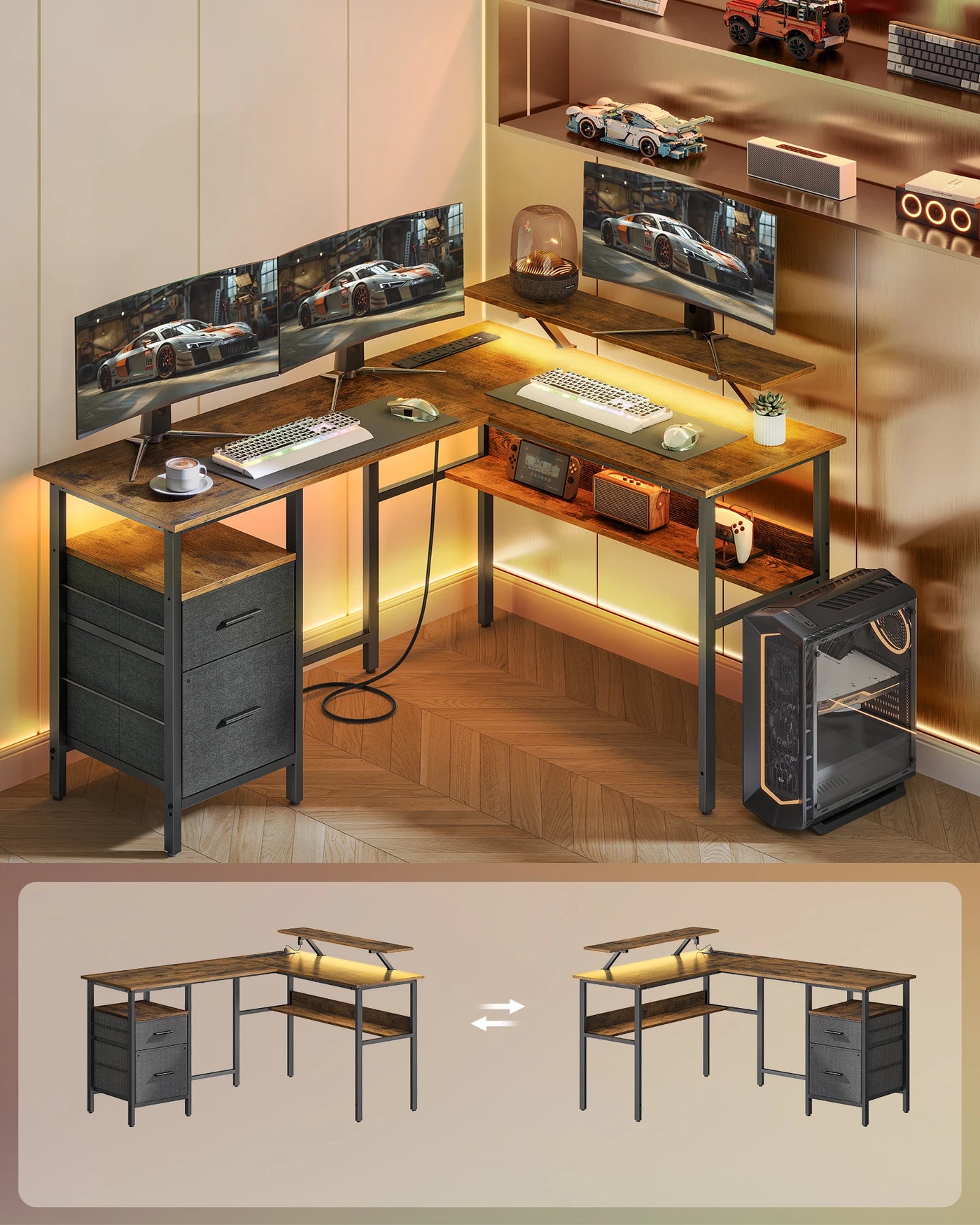 VASAGLE L-Shaped Desk with Power Outlets, Corner Desk, Gaming Desk with LED Lights, 2 Drawers, 2 USB Ports, 150x120x89cm