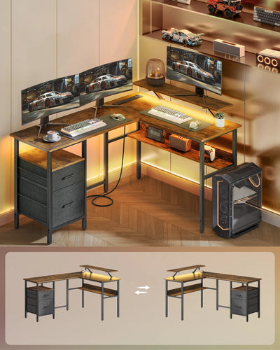 VASAGLE L-Shaped Desk with Power Outlets, Corner Desk, Gaming Desk with LED Lights, 2 Drawers, 2 USB Ports, 150x120x89cm