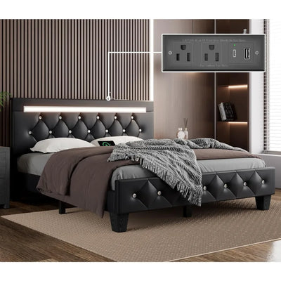 Queen Size Bed Frame with LED Light and Charging Station, Faux Leather Upholstered Platform Bed with Handcrafted Crystal Button