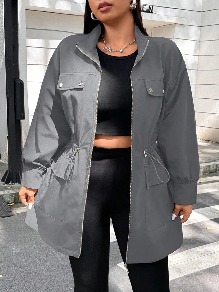 Plus Size Solid Colour Ladies Jacket Casual Fashion Windproof Zip Design Suitable for Autumn and Winter Coat