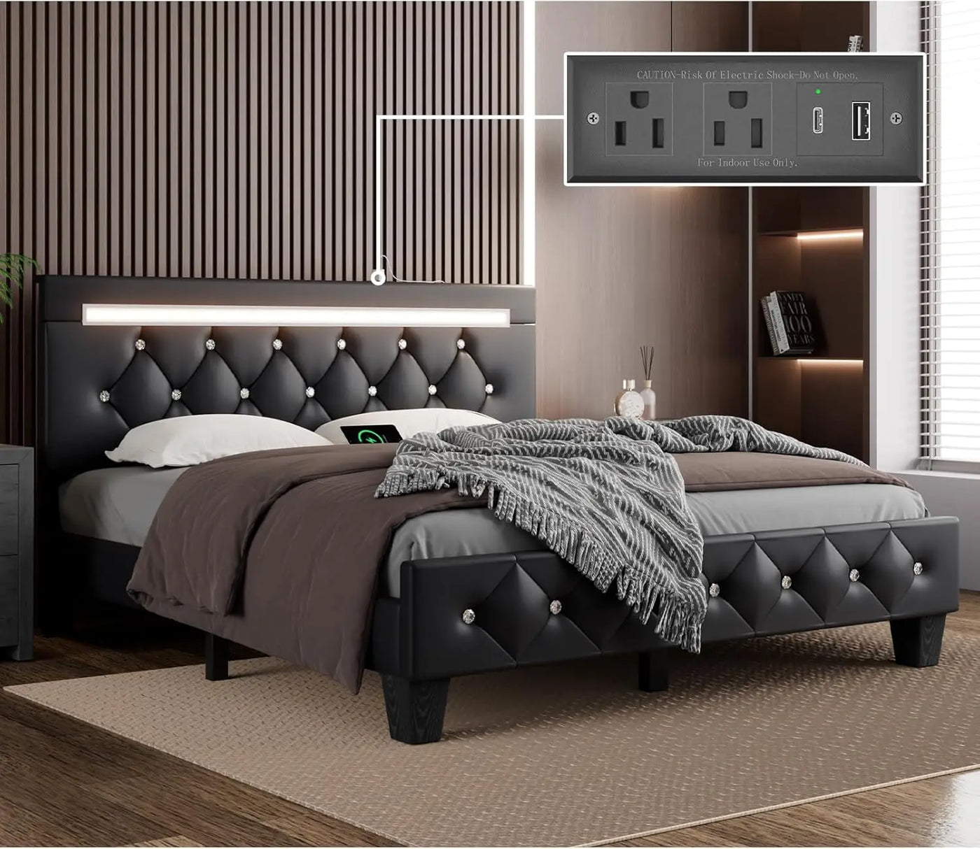 Queen Size Bed Frame with LED Light and Charging Station, Faux Leather Upholstered Platform Bed with Handcrafted Crystal Button