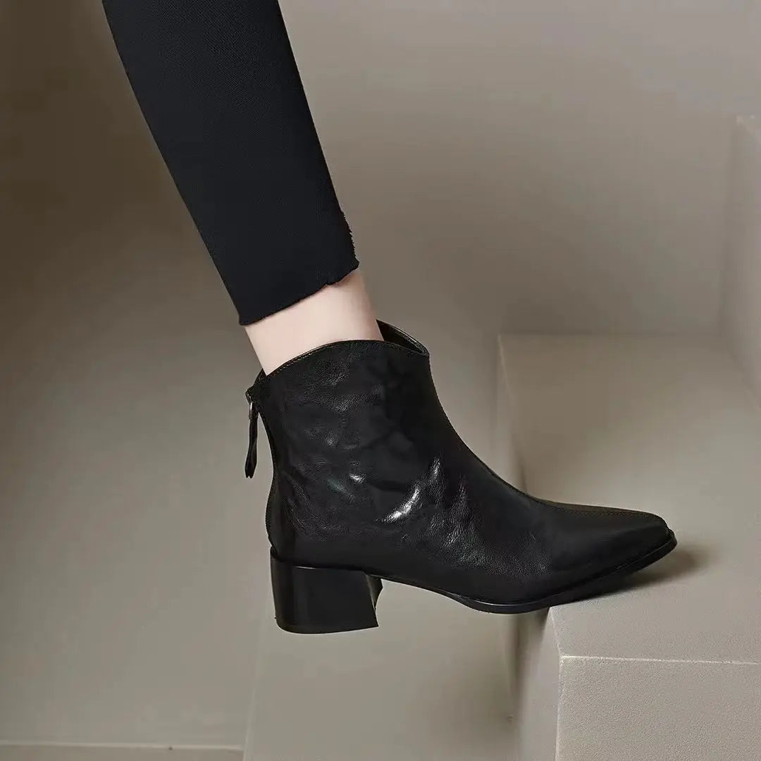 Female Short Shoes Pointed Toe Brown Fur Leather Booties Elegant with Medium Heels Women's Ankle Boots Sale Y2k Autumn Chic Boot