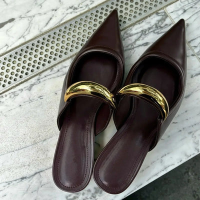Chunky Pointed Toe Slippers Women Metal Buckle Retro Slides Female Comfy Fashion Low Heel Sandals Designer Mules Pumps Women