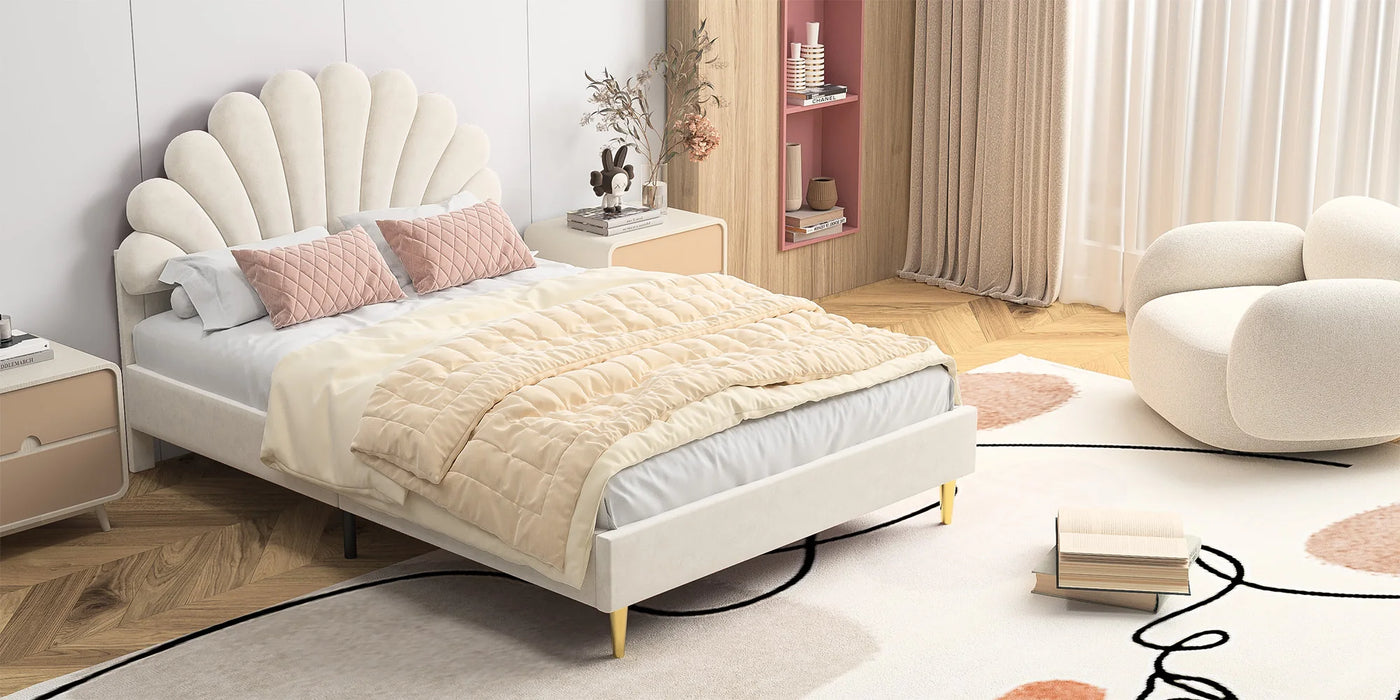 Double bed 140x200 cm, upholstered bed with flower-shaped headboard and slatted frame, stable bed frame, children's bed