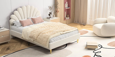 Double bed 140x200 cm, upholstered bed with flower-shaped headboard and slatted frame, stable bed frame, children's bed
