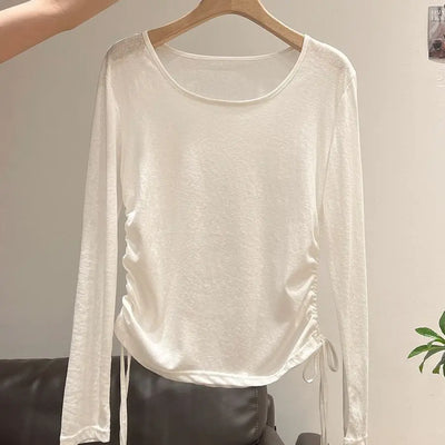 2025 New Summer Women's Light Blue Cooling Sun Protection Top Shirring Detail Loose Sheer Thin Blouse Y2k Korean Fashion Clothes