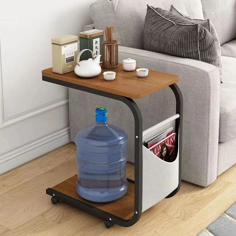 Coffee Table With 360° Wheels C-Shape End Table Sofa Side Table Portable With Cork Finish for RV Home Office Living Room Bedroom