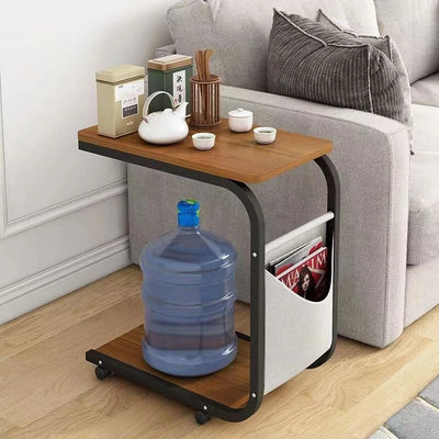 Coffee Table With 360° Wheels C-Shape End Table Sofa Side Table Portable With Cork Finish for RV Home Office Living Room Bedroom