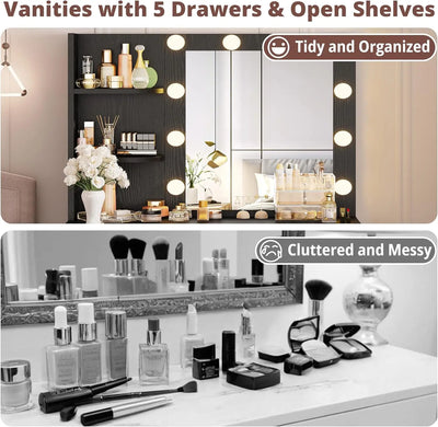 Vanity Desk with Mirror and Lights,Small Makeup Vanity Table with 5 Drawers, Dressing Table for Women Girls Bedroom