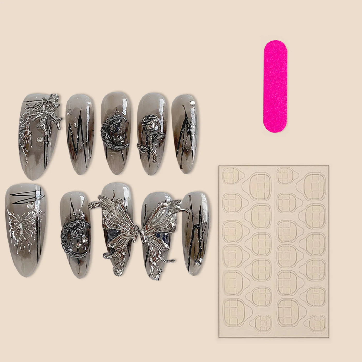 Wearable 3D Silver Butterfly False Nails With Metal Moon Decor Charming Gothic Fake Nails Y2k Press On Nail Long Almond Handmade