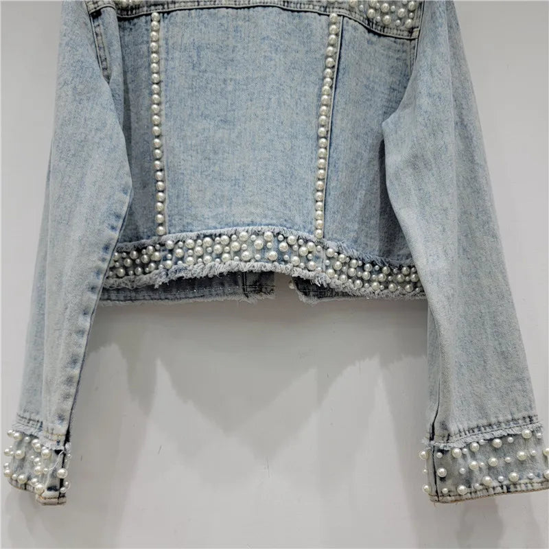 Spring Autumn Women Rainbow Diamonds Pearls Beaded Denim Jacket Rhinestones Rivets Short Jeans Cowboy Cardigan Sequined Outwear