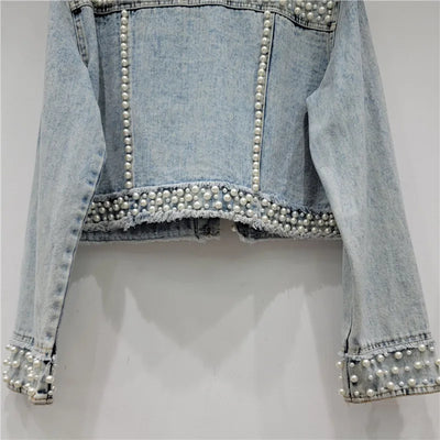 Spring Autumn Women Rainbow Diamonds Pearls Beaded Denim Jacket Rhinestones Rivets Short Jeans Cowboy Cardigan Sequined Outwear