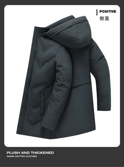 Fashion Men Long Parkas Coat Solid Slim Fit Warm Thicken Jacket Outwear Windproof Coat Hooded Cotton-padded Zipper Windbreaker