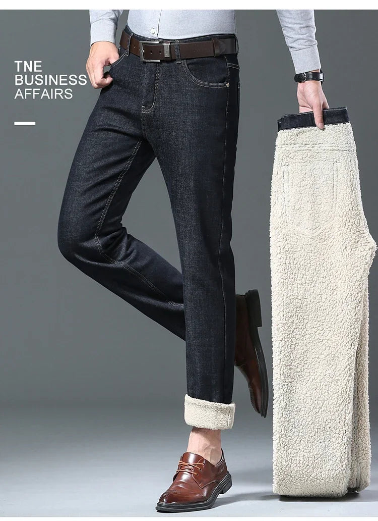 Men's Wool Velvet Jeans Winter Fleece Thickened Business Casual Straight Denim Pants Soft Cozy Thermal Stretch Trousers Male