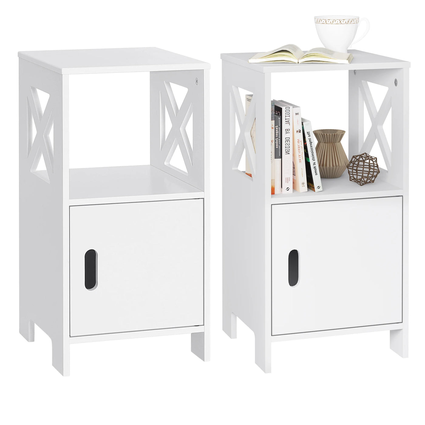 2PCS/SET Modern Nightstand 30x60x30cm Narrow White Bedside Table with 1 Open Compartment Door Cabinet Storage for Bedroom