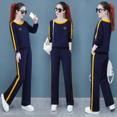 2022 New Spring and Autumn Fashion Long Sleeve Wide Leg Pants Set Women's Korean Slim Relaxed Casual Sports Two Piece Set