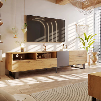 180cm Modern TV Cabinet w/Wood & Grey Contrast - Open Storage w/Black Iron Base