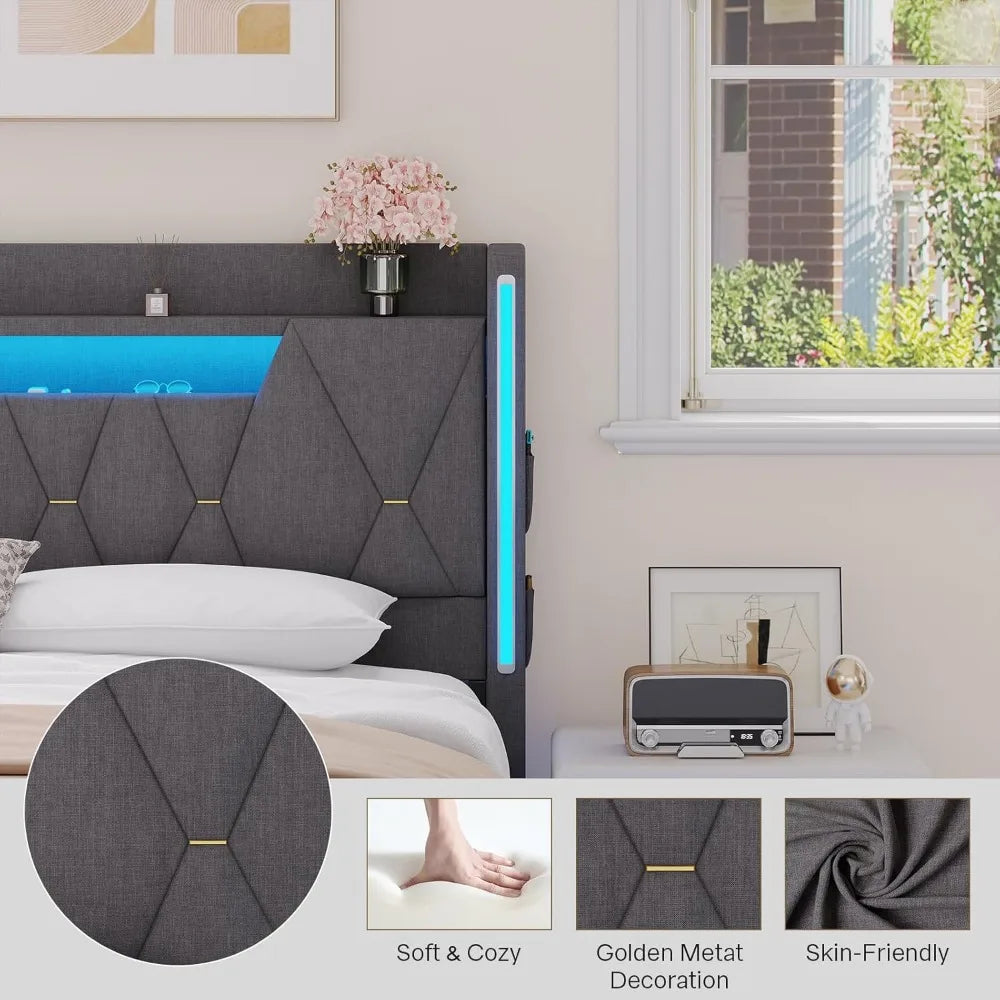 Floating Bed Frame,King Bed Frame with Hidden Storage, King Platform Bed Frame with Headboard,4 Pockets,LED Lights and Charging