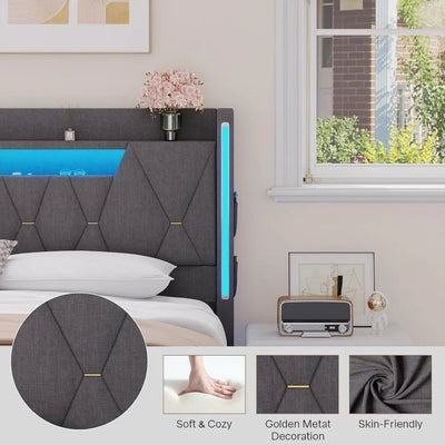 Floating Bed Frame,King Bed Frame with Hidden Storage, King Platform Bed Frame with Headboard,4 Pockets,LED Lights and Charging