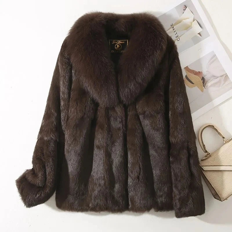 Real Rabbit Fur Coat Women Autumn Winter Short Jacket Thick Warm New Fashion Fox Fur Collar Elegant Female Warm Outerwear