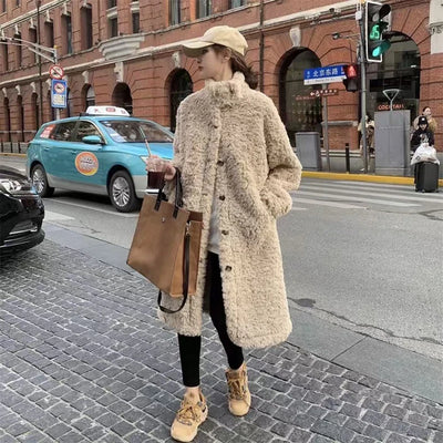 Lamb Wool Long Jackets Women Winter Warm Stand Collar Loose Fur Outerwear Y2K Korean Fashion Long Sleeve All Match Fake Fur Coat