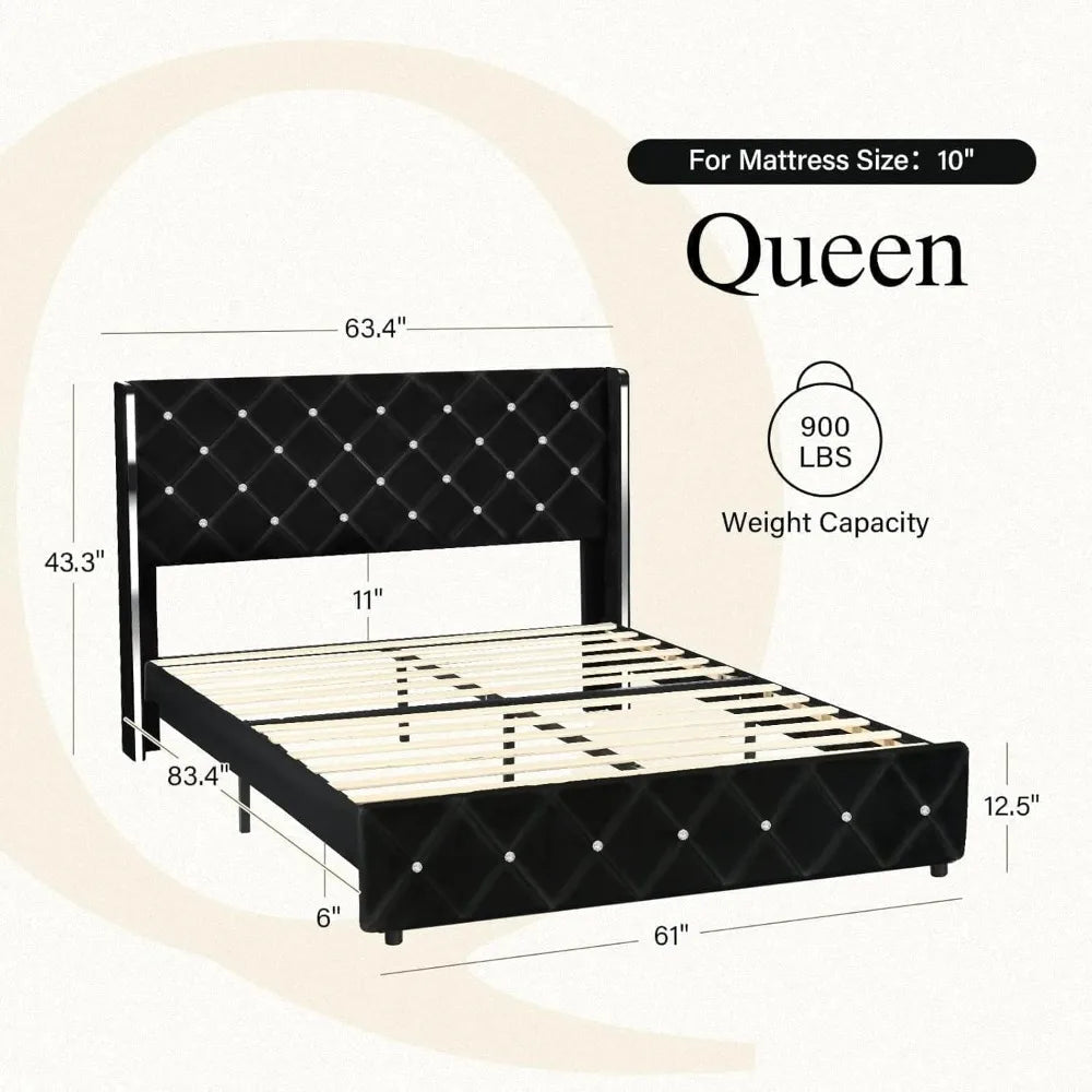 Queen Bed Frame with Headboard, Velvet Upholstered Bed with Wingback and Diamond Tufted Design, Wood Slat Support, No Box