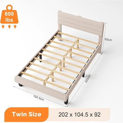 Twin Bed Frame for Kids,Boucle Upholstered Platform Bed with Adjustable Headboard,Sturdy Wood Slats Support,Cloud Single
