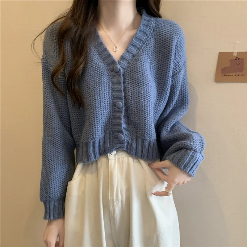 EVNISI Women Slim Sweater Cardigan V-Neck Button Up Casual Solid Knitting Sweater Coat Sweet For Women Cardigan Coat Autumn 2023