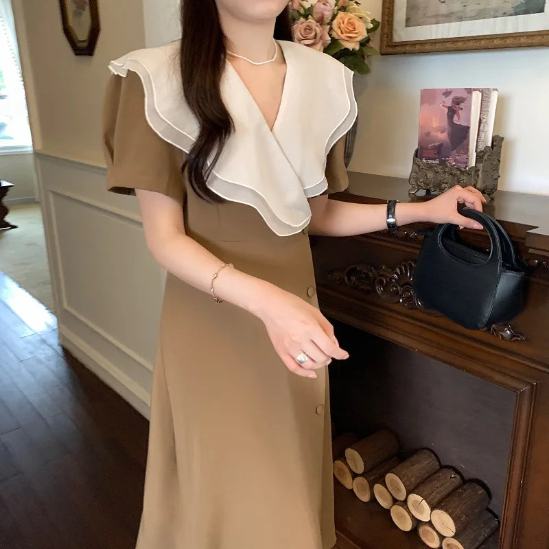 Women Summer Vintage Long Wrapped Dress 2024 New Female Double Layer Ruffled Collar Lacing Up Slim Waist Sundress