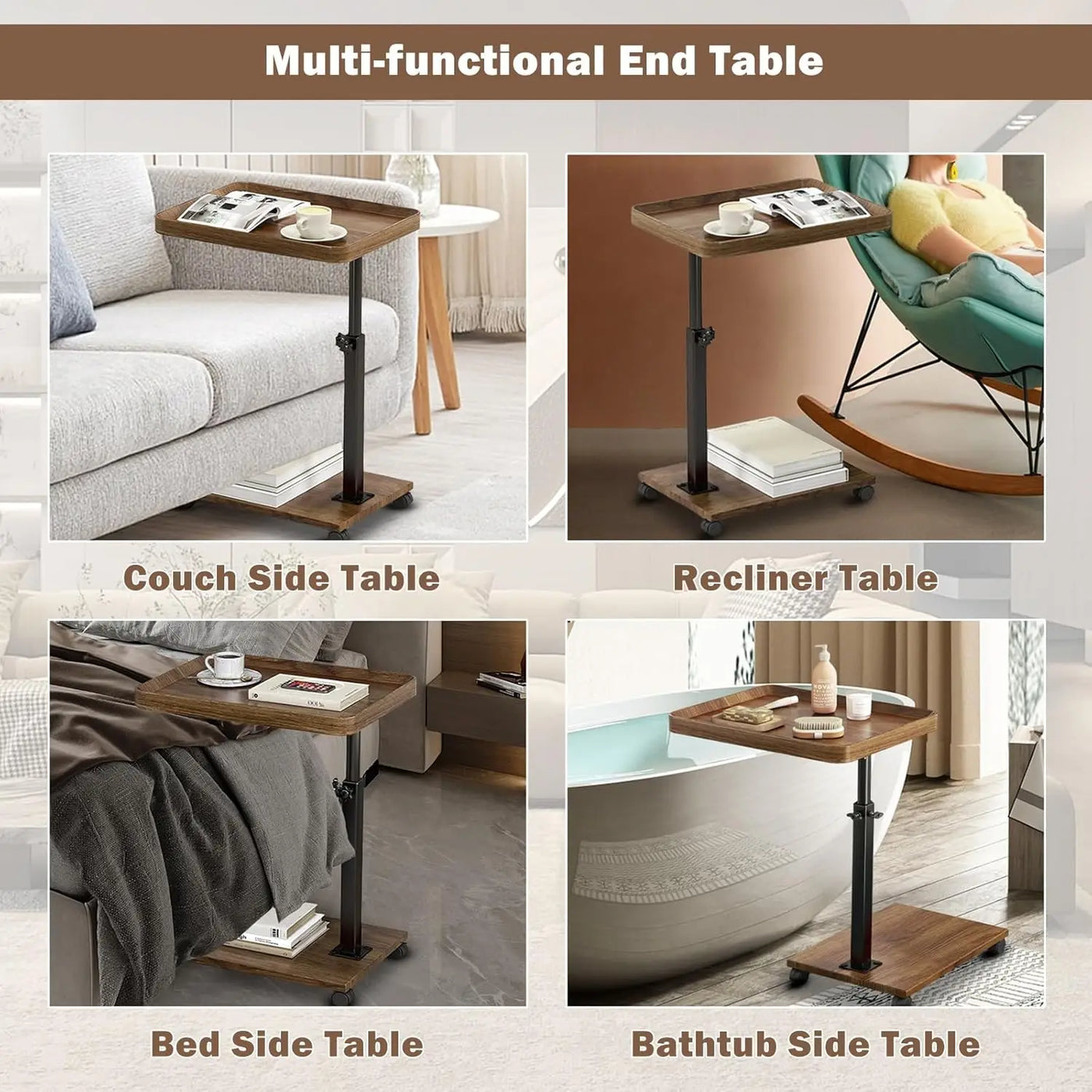 Wooden C-Shape Lifting Side Table Movable Small Table Sofa Corner Table for Sofa Living Room Bedroom Bedside Laptop Desk