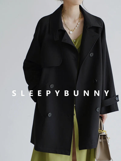 Women Spring Fall Short Trench Coat Korean Style Loose Fit Casual Khaki Jacket Petite-Friendly Versatile and Stylish Outerwear