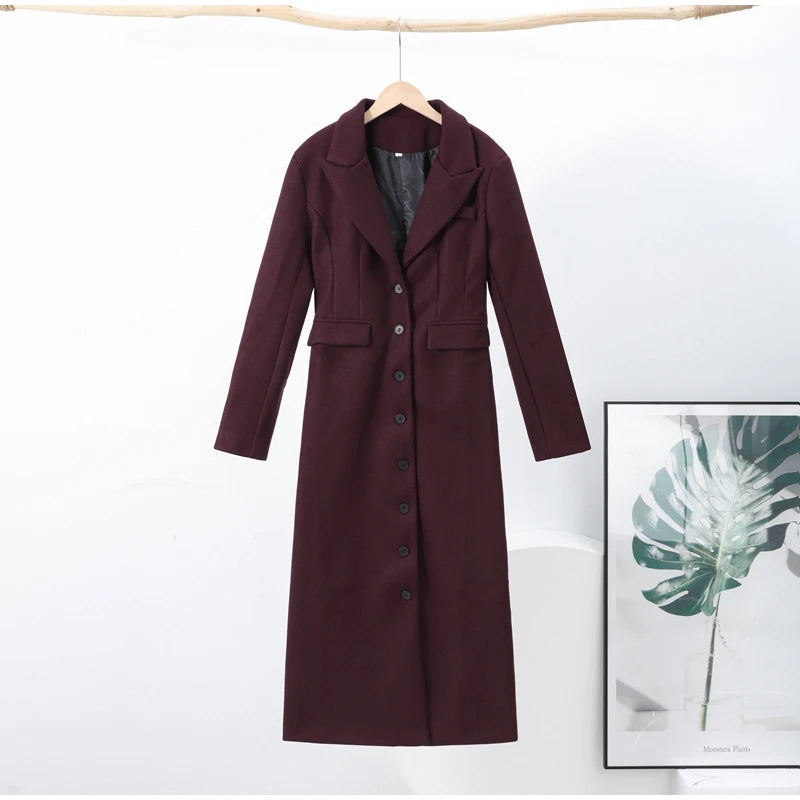 Woolen Burgundy Long Blazer Coat Women Single Breasted Notched Loose Long Sleeve Shoulder Pads Thicken Suit Jacket Female Office
