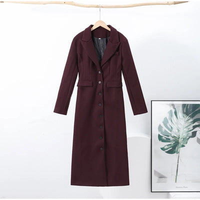 Woolen Burgundy Long Blazer Coat Women Single Breasted Notched Loose Long Sleeve Shoulder Pads Thicken Suit Jacket Female Office