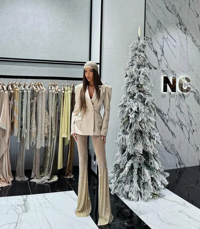 New Stylish Woman Oversize Suit Coat And Shining Diamonds Mesh Pants 2 Pieces Set Fashion Woman High Street Wear Party Outfit
