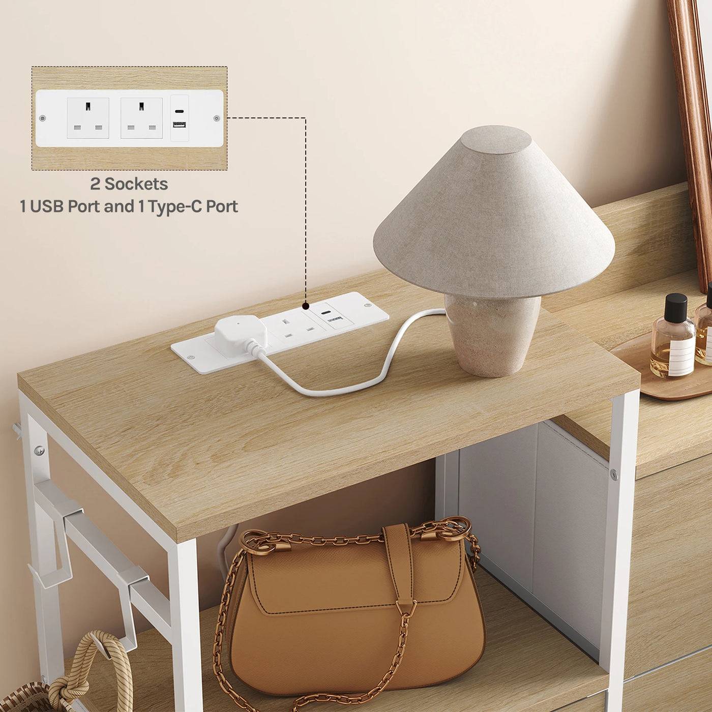 Chest of Drawers with 8 Fabric Drawer Sideboard Storage Cabinet for Kitchen Office with Charging Sockets Steel Frame 132x88x30cm
