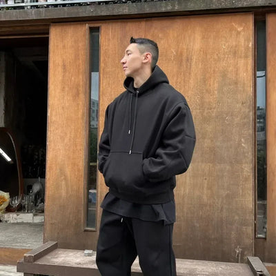 Hooded Sweatshirt Men's Autumn Winter Velvet Two-piece Set American Oversize Loose Casual Sweatpants Suit Aesthetic Streetwear