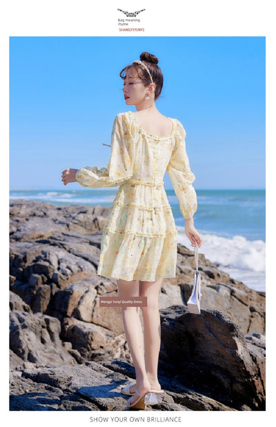 2025 Spring New Arrival Women's Spring Floral Dress Silm Fashion Waist-Controlled Long Sleeves Seaside Vacation Chiffon Skirt